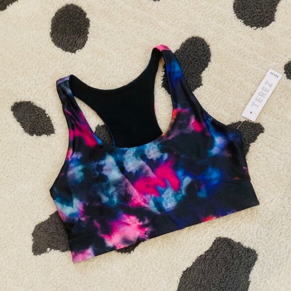 NWT Terez $65 Womens Small Racerback Multicolor Tie Dye Print Active Sports Bra